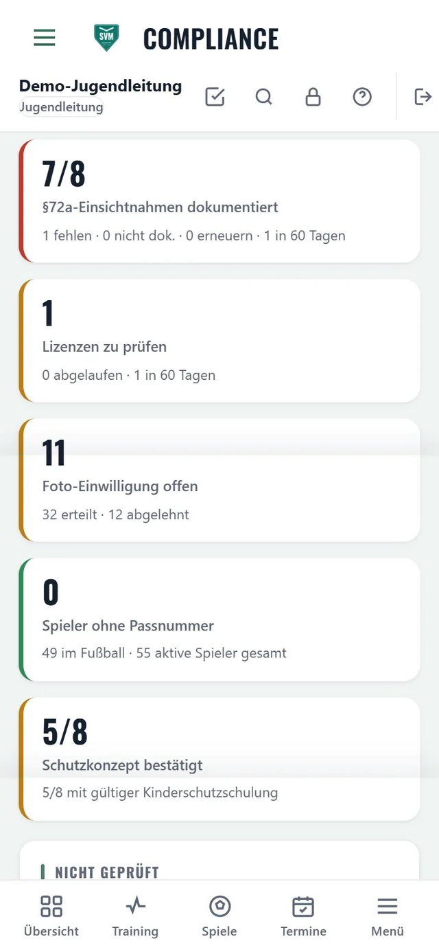 Kaderwerk Compliance-Ampel am Handy: §72a-Einsichtnahmen 7 von 8 dokumentiert, Lizenzen, Foto-Einwilligungen, Passnummern, Schutzkonzept (Demo-Verein)