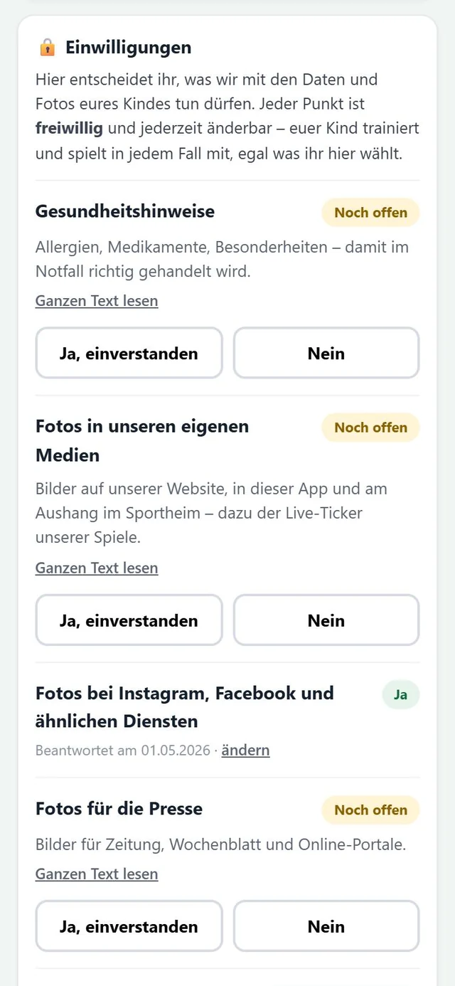 Einwilligungen im Familien-Link: Gesundheitshinweise, Fotos in Vereinsmedien, Social Media, Presse, Name zum Foto – Eltern entscheiden selbst (Demo-Verein)