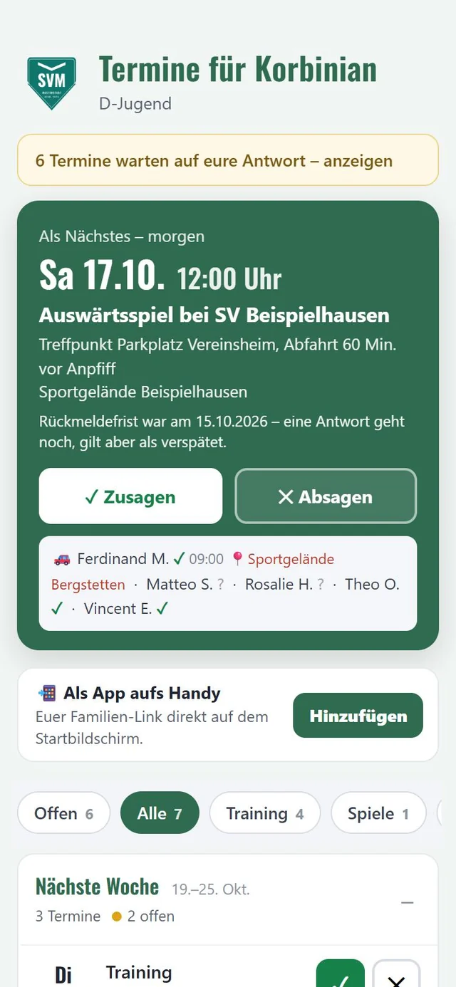 Familien-Link am Handy: nächstes Spiel mit Zusagen und Absagen, Fahrgemeinschaft, Termine der nächsten Woche – ohne App, ohne Login (Demo-Verein)