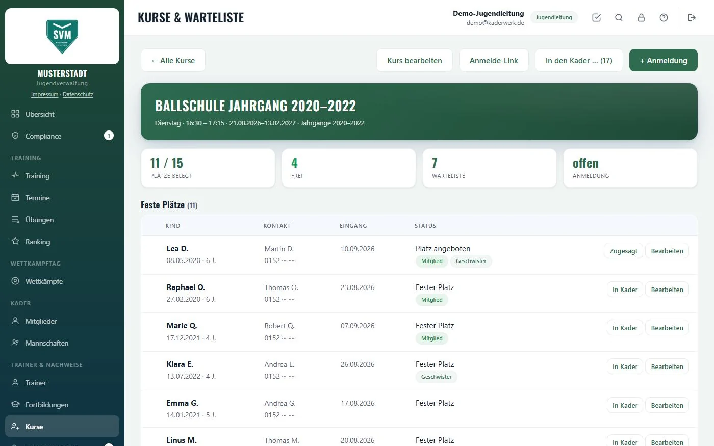Kursverwaltung am PC: Ballschule mit 11 von 15 Plätzen belegt, 7 auf der Warteliste, feste Plätze mit Status (Demo-Verein, Namen gekürzt)