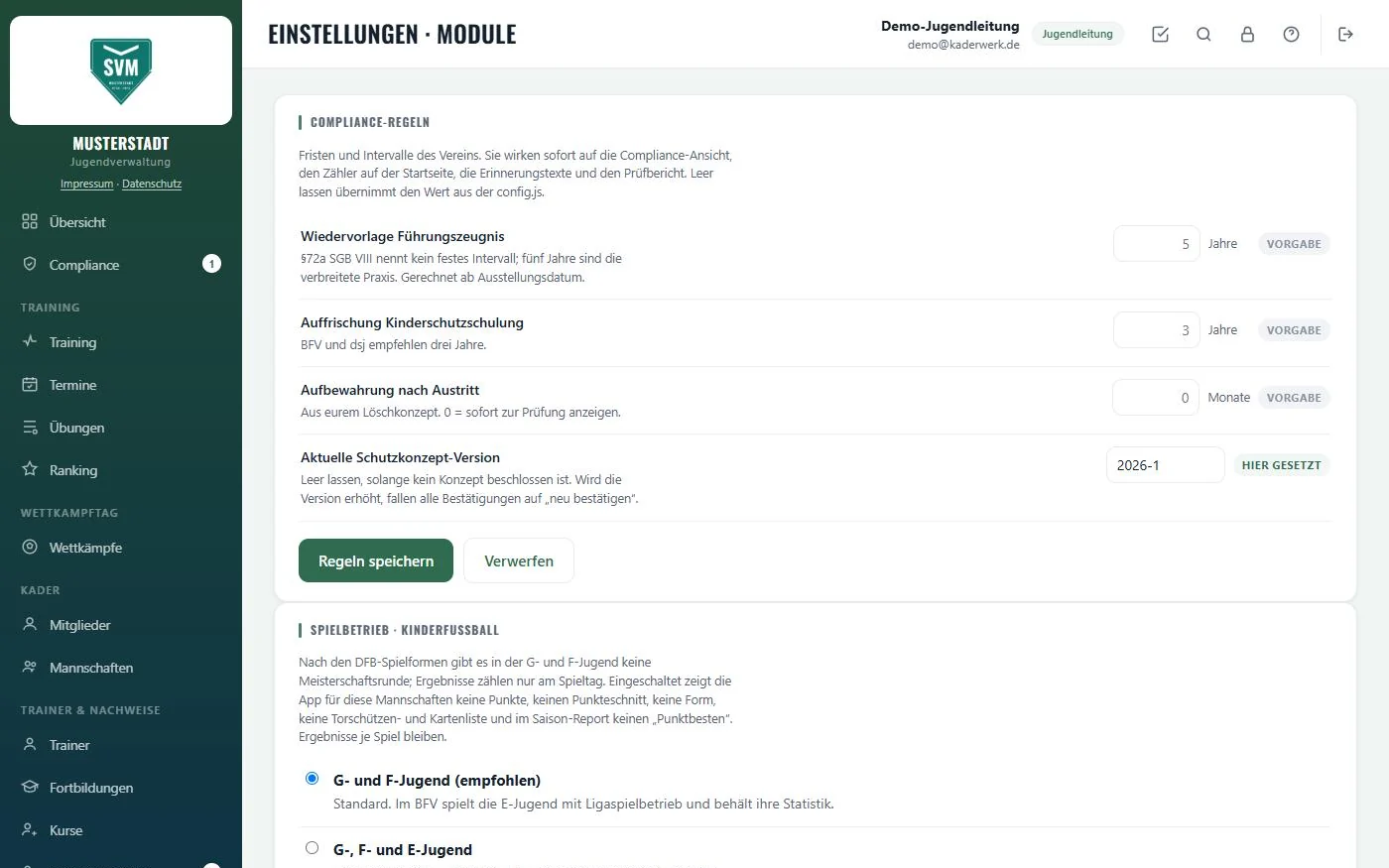 Einstellungen am PC: Compliance-Regeln des Vereins – Wiedervorlage Führungszeugnis, Schulungsintervall, Aufbewahrung, Schutzkonzept-Version (Demo-Verein)