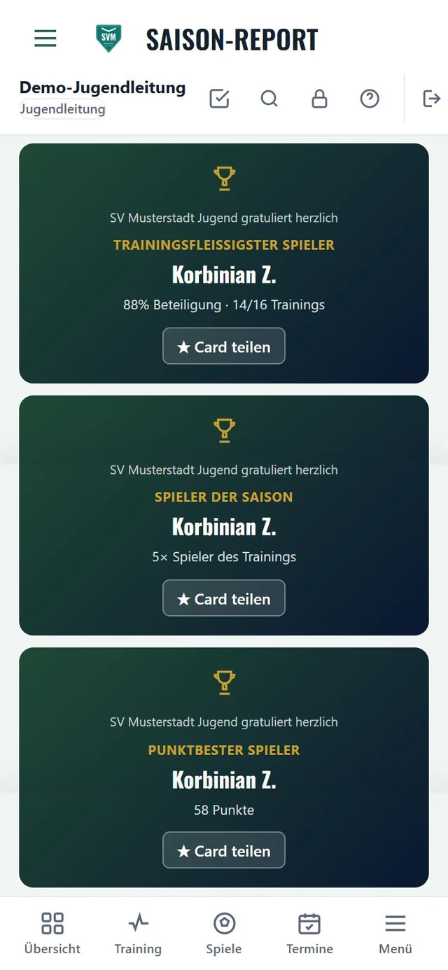 Saison-Report mit automatischen Ehrungen: Trainingsfleißigster, Spieler der Saison, Punktbester (Demo-Verein, Namen gekürzt)