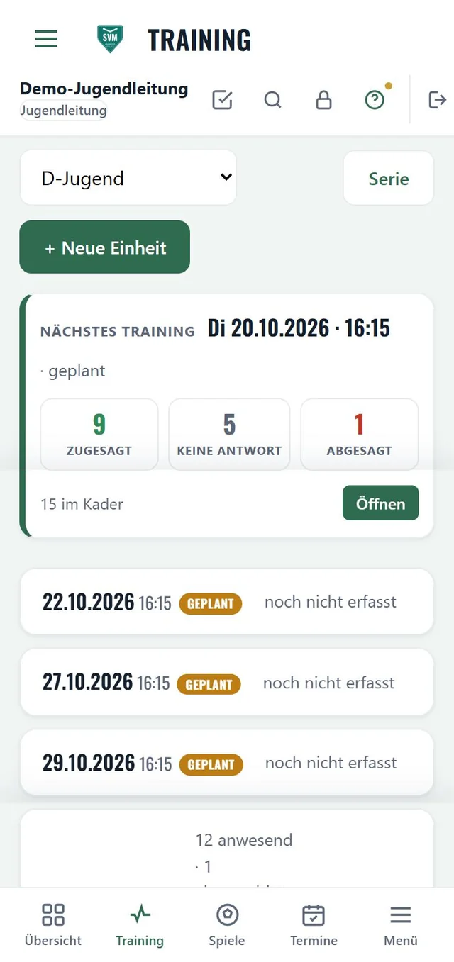 Training am Handy: nächstes Training der D-Jugend mit 9 Zusagen, 5 ohne Antwort, 1 Absage (Demo-Verein)